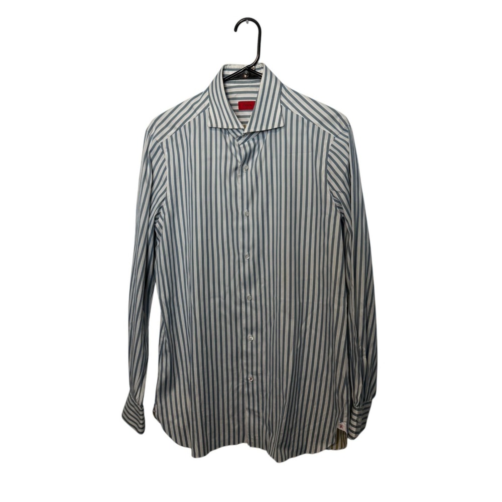 Isaia Napoli Shirt Mens Size 16/41 Medium Blue Striped Made in Italy Dress